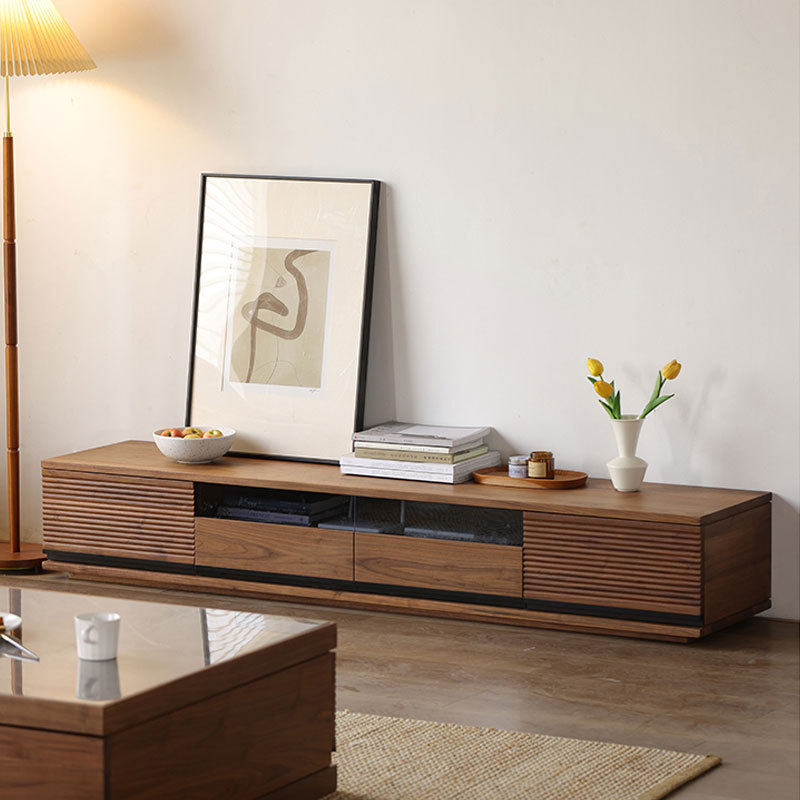 北欧纯实木黑胡桃木电视柜复古式简约型日式樱桃木玻璃落地储物柜