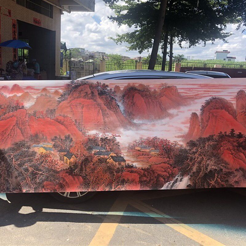 吴广 红色江山万年 横幅山水画国画艺术微喷复制中式装饰画挂画