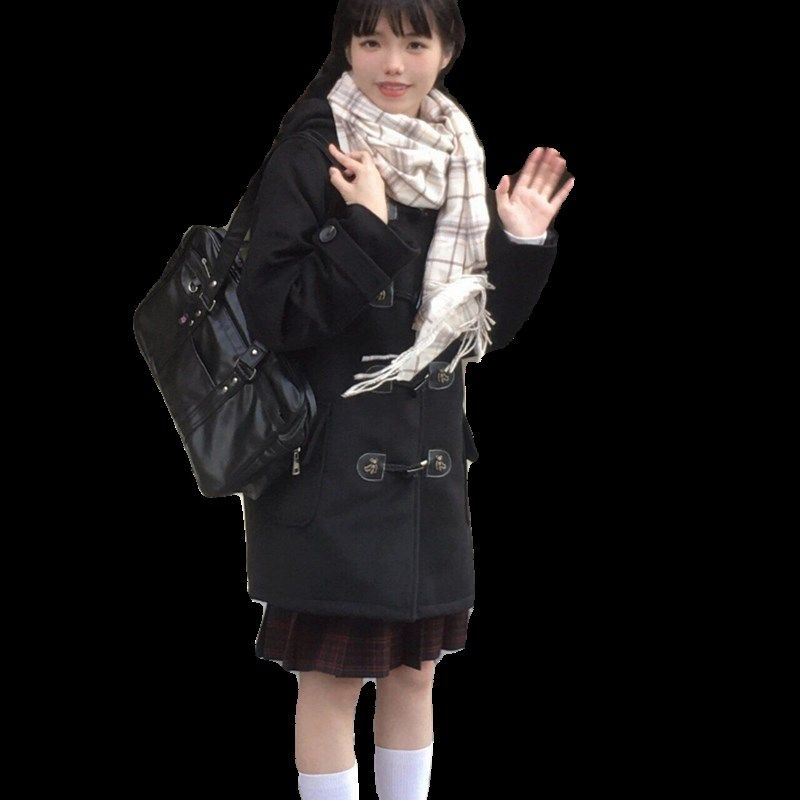学院风jk制服牛角扣大衣秋冬黑色女中长款毛呢大衣连帽加厚款外套