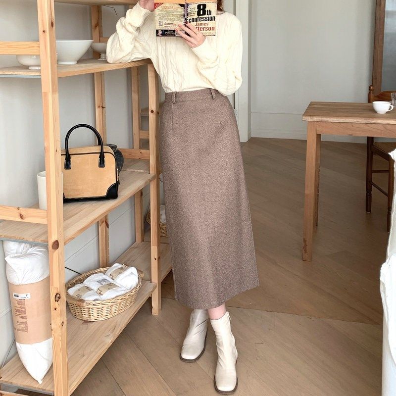 咖啡色人字条纹加厚羊毛呢子直筒一步裙开叉中长款半身裙春夏长裙