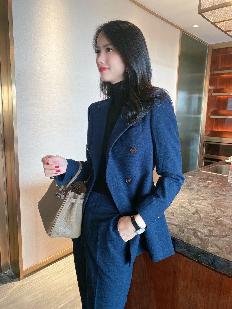 秋冬深藏青加厚修身显瘦职业西装套装女
