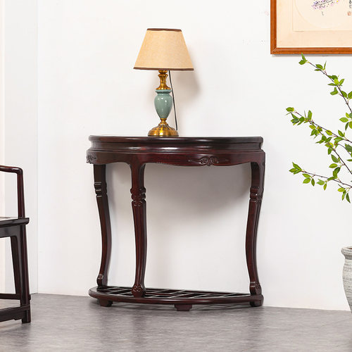 赞比亚血檀半圆桌明式花架花几非洲小叶紫檀玄关桌实木盆景桌仿古