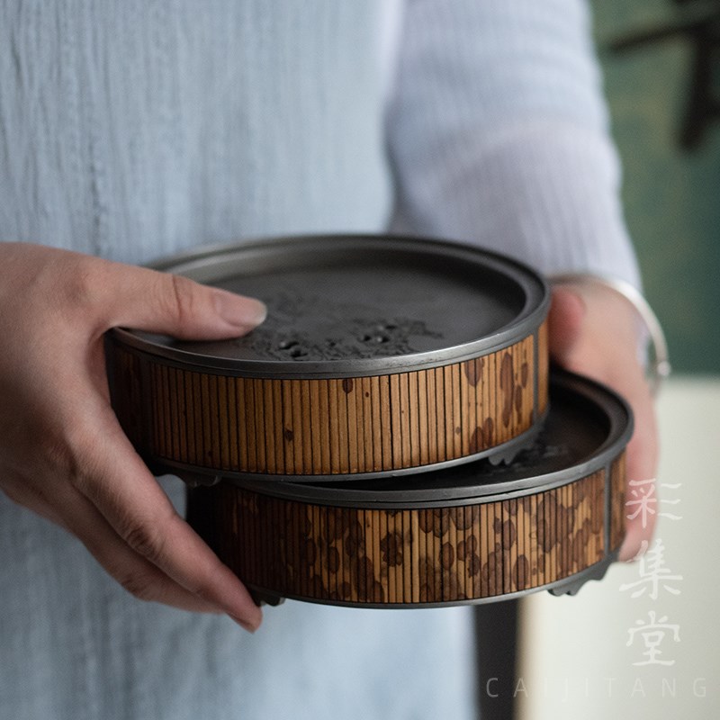 彩集堂 斑竹锡制壶承 复古蓄水式壶托茶托淋水养壶托盘做旧茶承