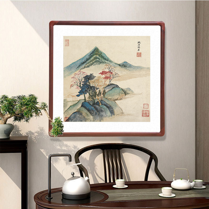 董其昌字画斗方形山水国画新中式客厅玄关带框壁画办公室风景挂画