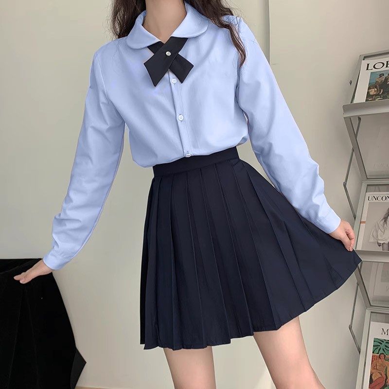 长袖学生衬衫套装百褶半身长裙中长款大码jk制服班服学院风女春秋