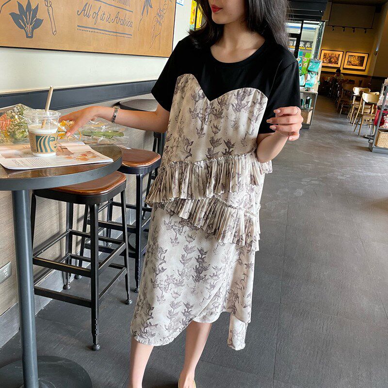 法式2024夏装新款大码女装胖mm碎花拼接假两件显瘦雪纺连衣裙女