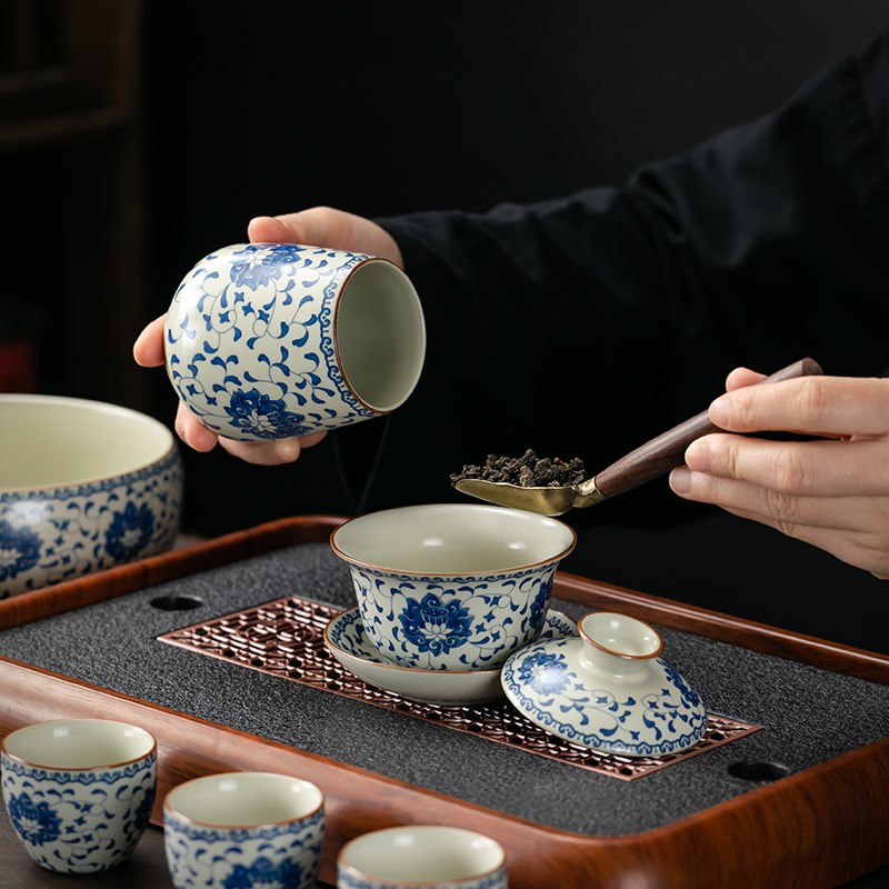 汝窑青花石磨懒人泡茶神器防烫旋转出水自动功夫茶具家用整套茶器