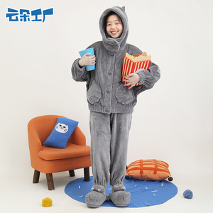 云朵工厂抱抱猫头家居服套装绣花连帽加绒加厚短款睡衣秋冬可爱新