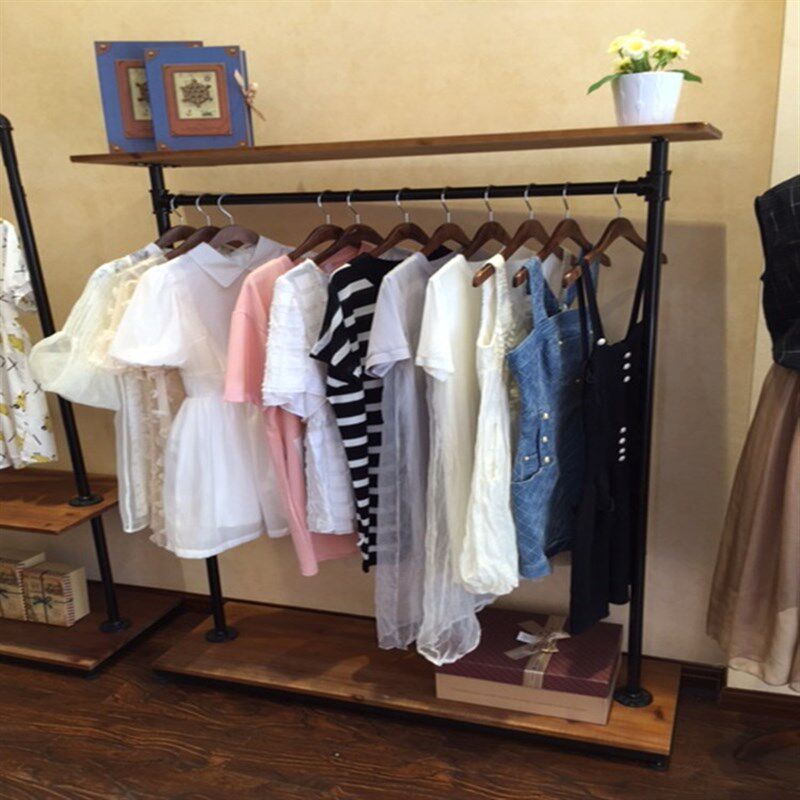 铁艺复古服装店展示架落地式货架组合服装架子实木挂衣架正挂侧挂