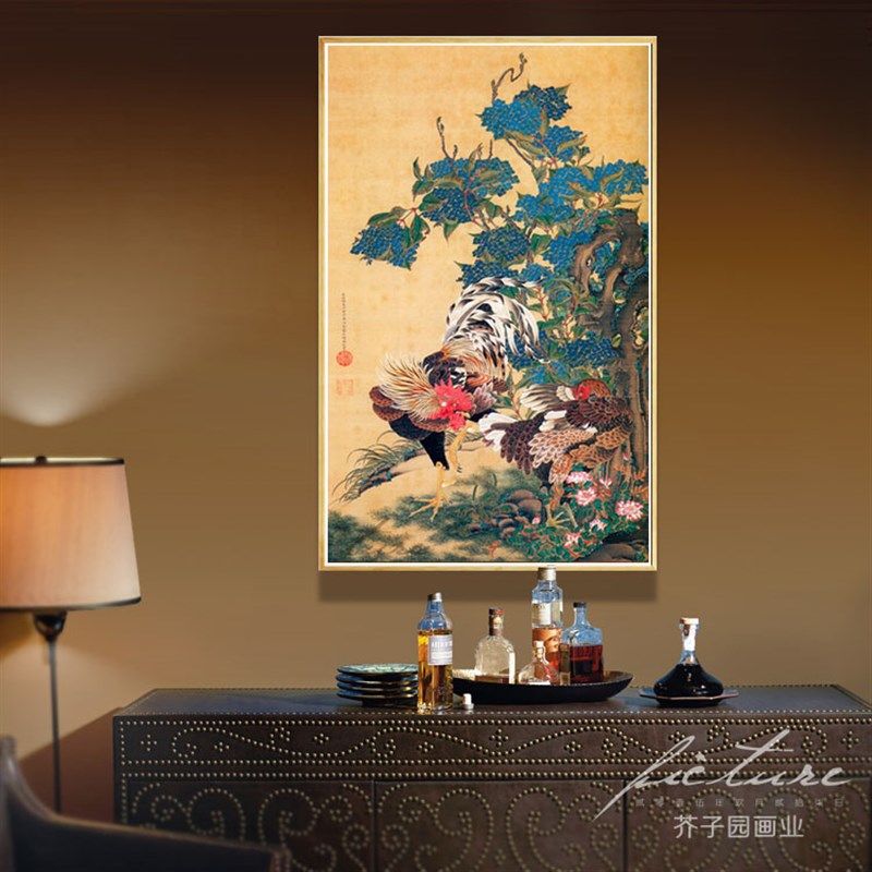 日式挂画伊藤若冲紫阳花双鸡图日式风格酒店有框装饰画油画布