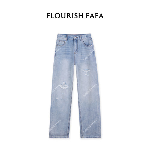 FLOURISH FAFA【闲庭】无弹水洗破洞设计感窄版直筒牛仔裤