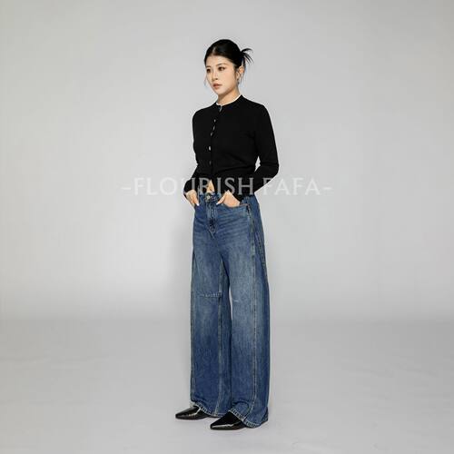 FLOURISH FAFA月澜春秋复古工装弯刀牛仔裤显瘦高腰女