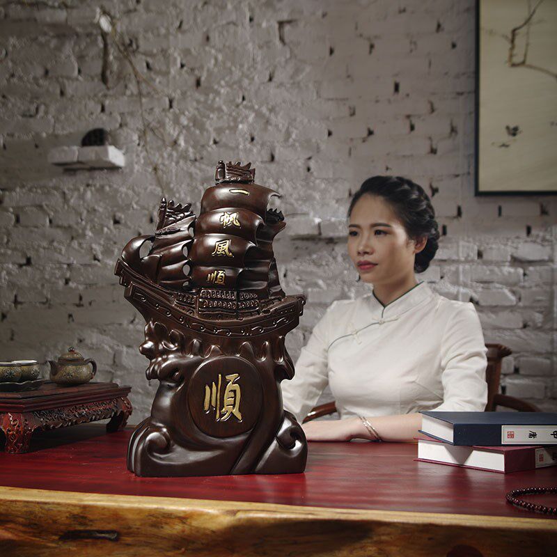 黑檀木雕一帆风顺龙舟船摆件实木创意家居装饰开业礼品办公桌摆件