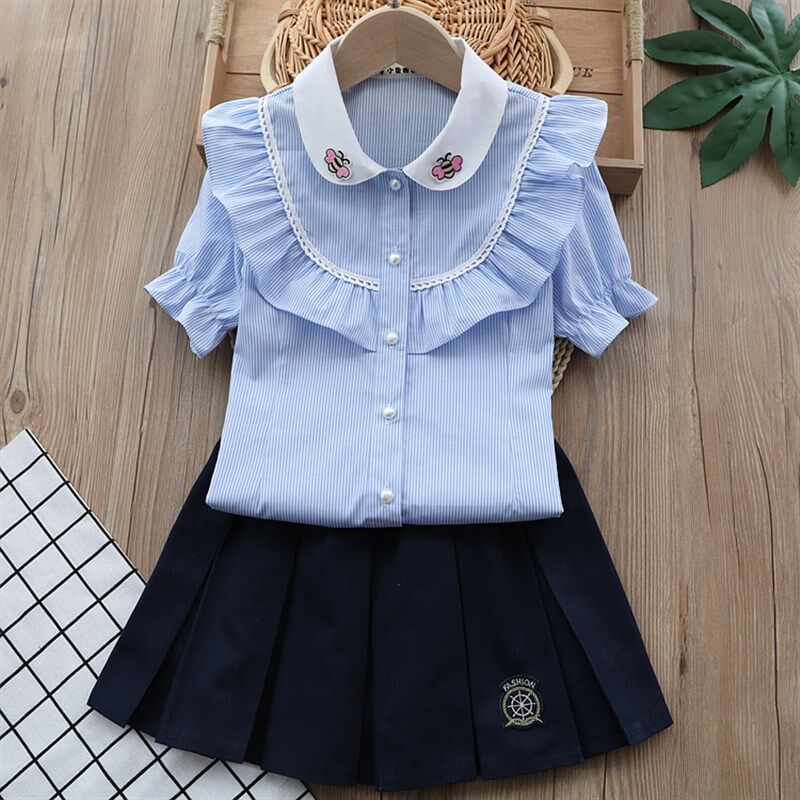 女童衬衫短袖儿童纯棉条纹衬衣童装女孩全棉白色演出服套装中大童