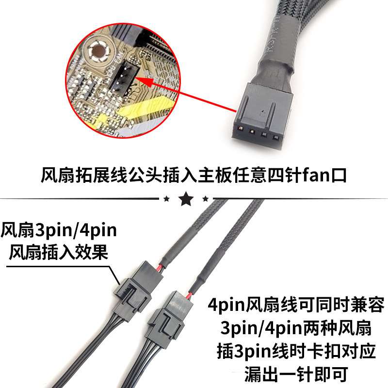 机箱风扇3pin/4pin延长线3P/4P一分二/一分三拓展线3针/4针集线器