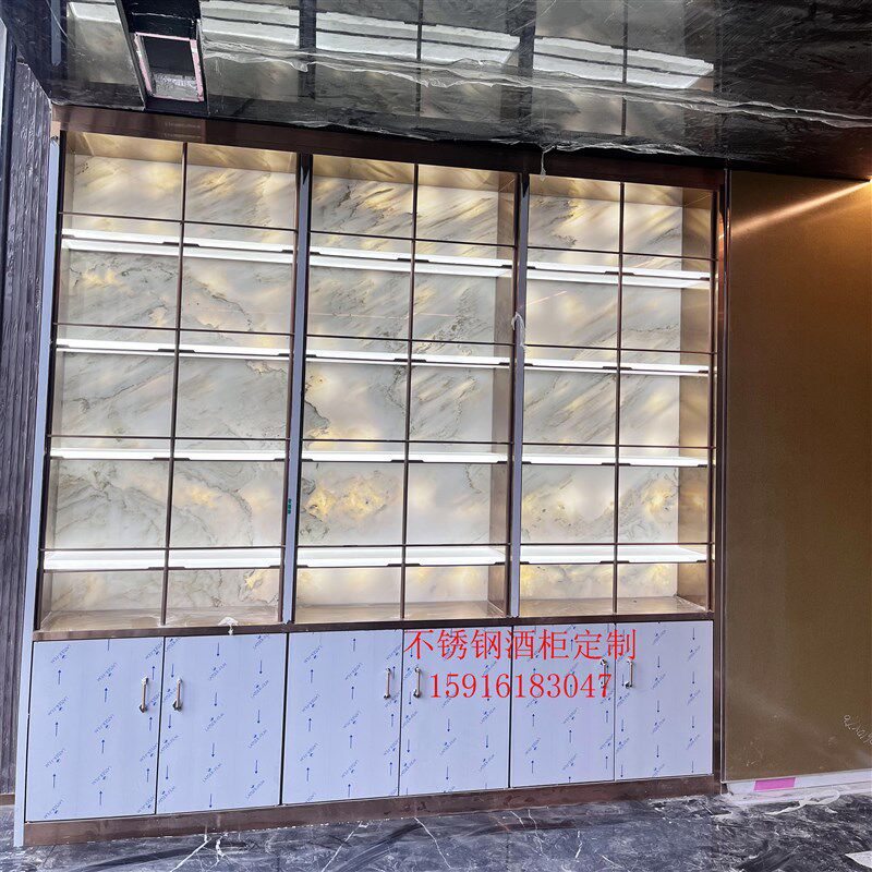 定制轻奢酒庄发光不锈钢红酒柜 玫瑰金红酒架商用金属酒窖展架