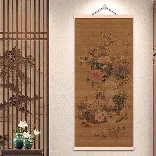 新中式竹帘挂画复古禅意装饰挂帘茶室背景遮挡帘子屏风入户卷轴画