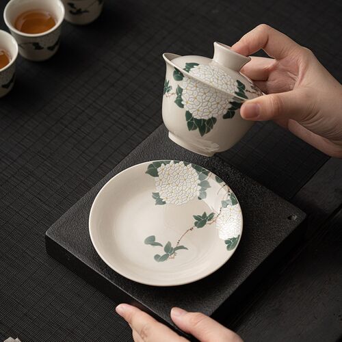 蕴华堂 草木灰三才盖碗仿古雅致立体烤花办公家用茶杯单杯泡茶碗