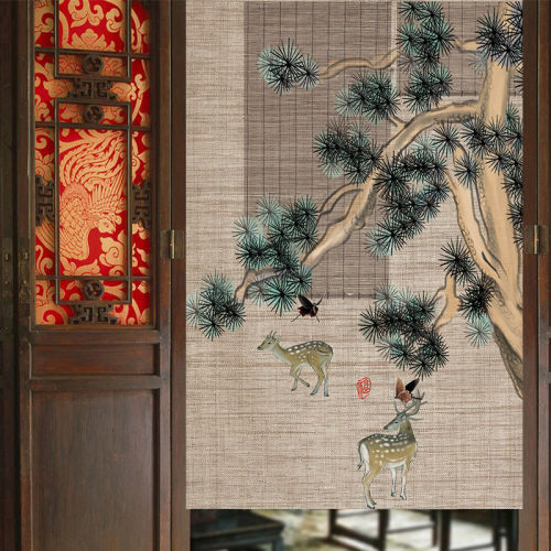 中式复古布艺门帘卧室家用禅意隔断帘中国风饭店厕所半帘免打孔