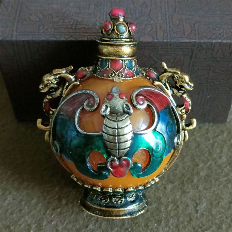 古玩收藏品双面纯铜蜜蜡镶景泰蓝鼻烟壶烟具内画鼻烟壶