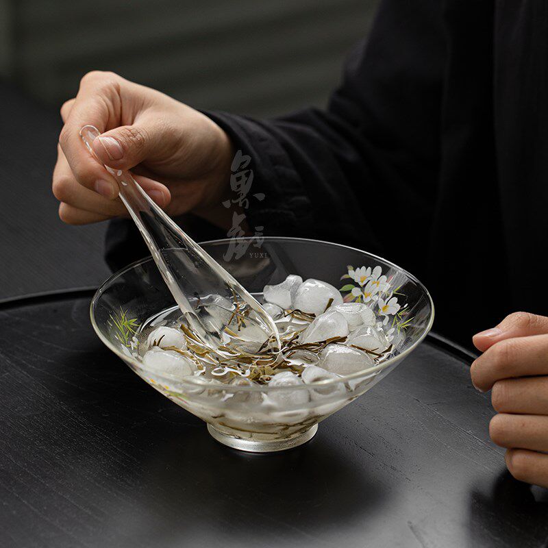 鱼戏手工贴花耐热玻璃干冷泡茶碗茶勺套装家用四果汤冰沙甜品茶碗