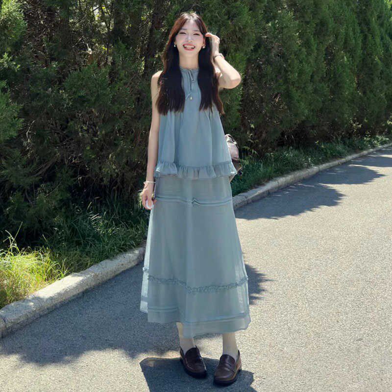 蓝色花边无袖背心上衣+半身裙套装女夏季新款小个子中长裙两件套