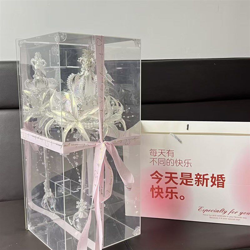 新娘权杖手捧花透明礼盒镜面结婚团扇子镶嵌盒子高端大气空盒套装