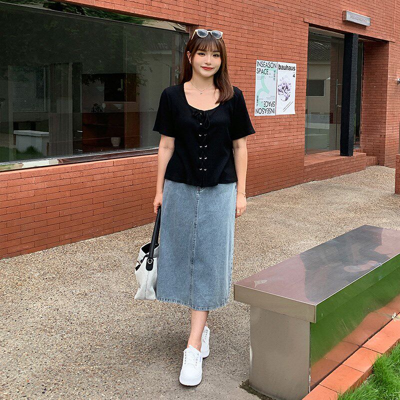 女装2024新款套装夏季大码胖mm200斤短款针织上衣牛仔半身长裙子