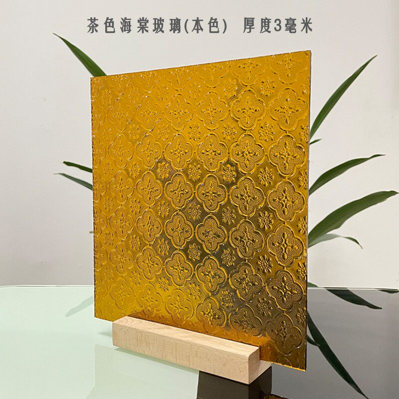 老式复古彩绘色海棠花纹压花艺术钢化玻璃门满洲窗户隔断屏风定制图片