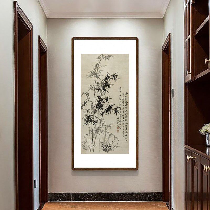 定制国画竹子画新中式玄关装饰画办公室竖版挂画郑板桥竹石兰蕙图