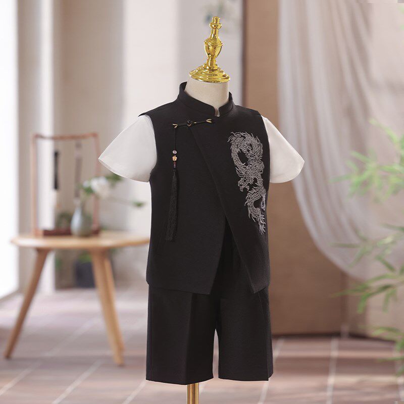 男童礼服夏季2024新款中式儿童西装套装黑色主持人钢琴演出服生日