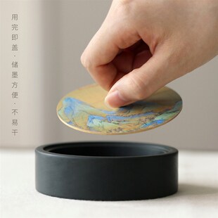 问心堂千里江山砚台墨盒玉山罗纹砚石带盖墨盒天然水波纹原石砚台