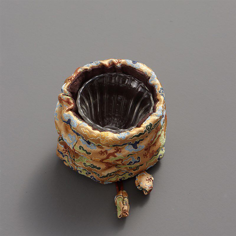 复古竹编品茗杯笼单杯便携束口布袋锦囊 首饰文玩收纳盒 茶道配件
