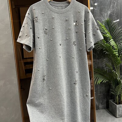 一眼沦陷!明星达人都在穿!订钻短袖长款棉T恤连衣裙   T50025