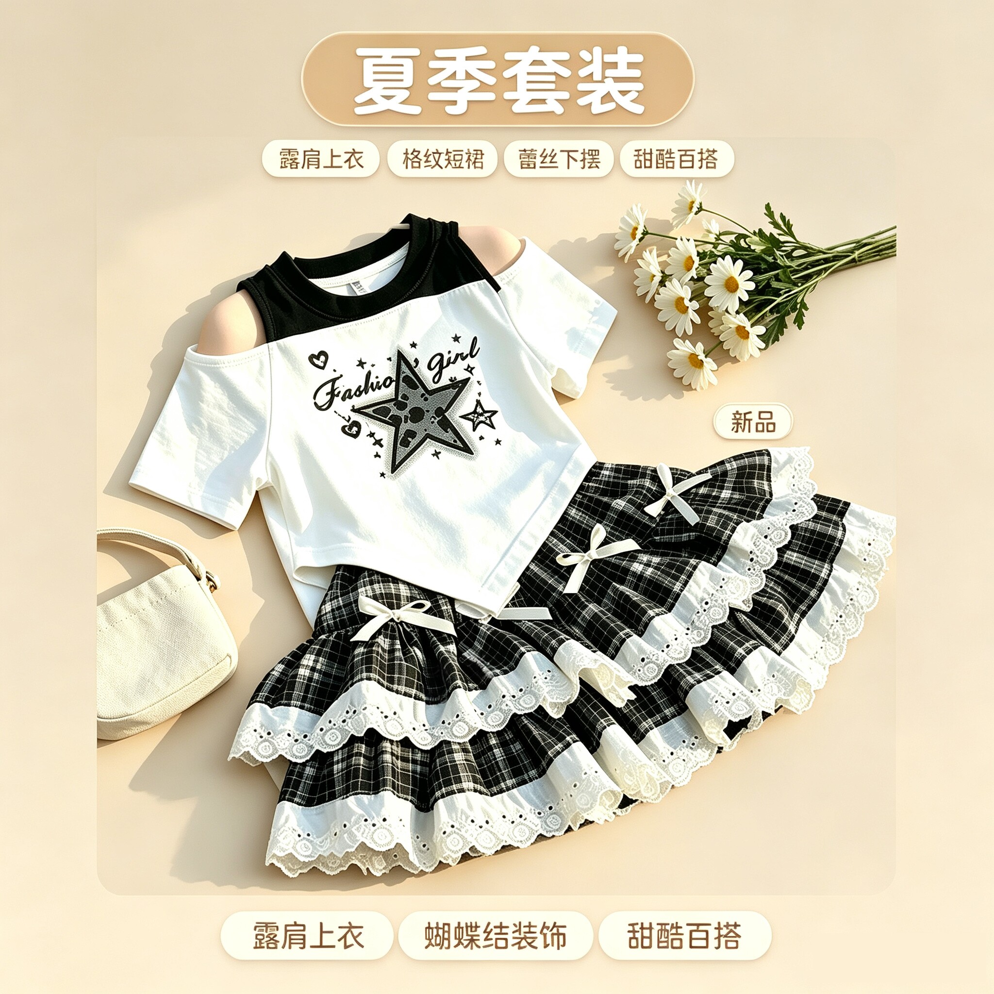 大童女孩夏季露肩格纹蕾丝两件套