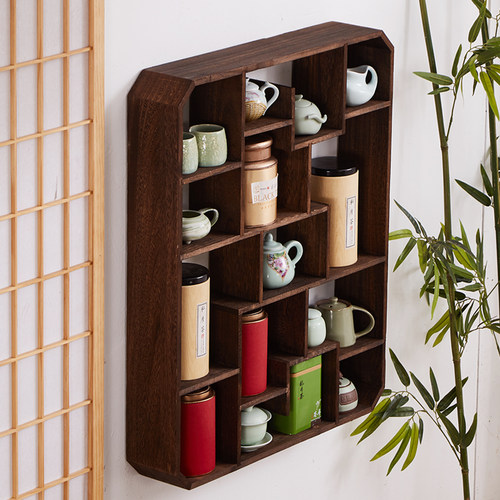 实木多宝阁上墙博古架壁挂式茶杯茶具收纳架展示架茶壶置物架格架