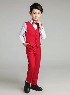 男童小西服男孩马甲套装儿童礼服钢琴演出服模特走秀表演服装红色