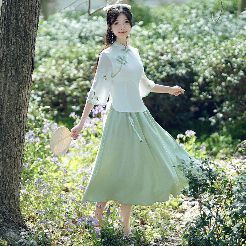 新中式日常汉服女民国风唐装改良旗袍上衣大码胖mm连衣裙套装茶服