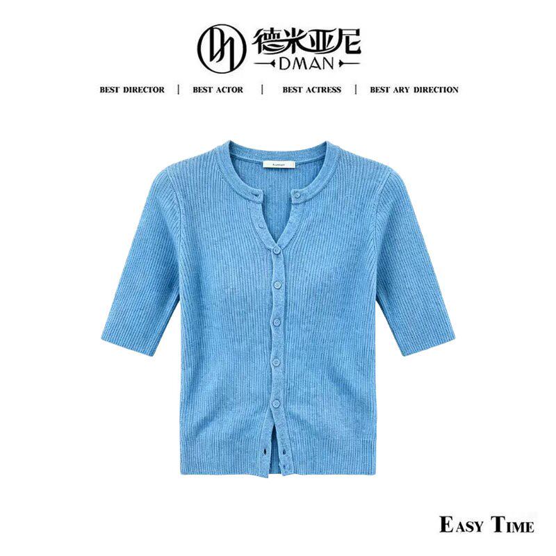 气质V领坑条针织开衫短袖女