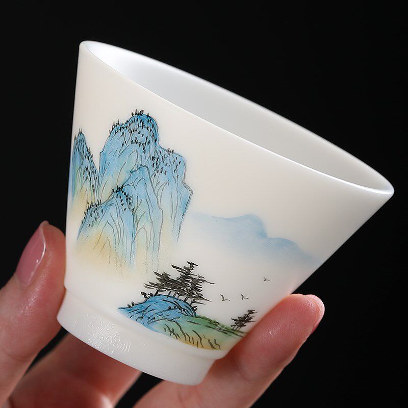 妙莲天香大师手绘只此青绿羊脂玉瓷主人杯个人品茗杯高档茶杯单杯