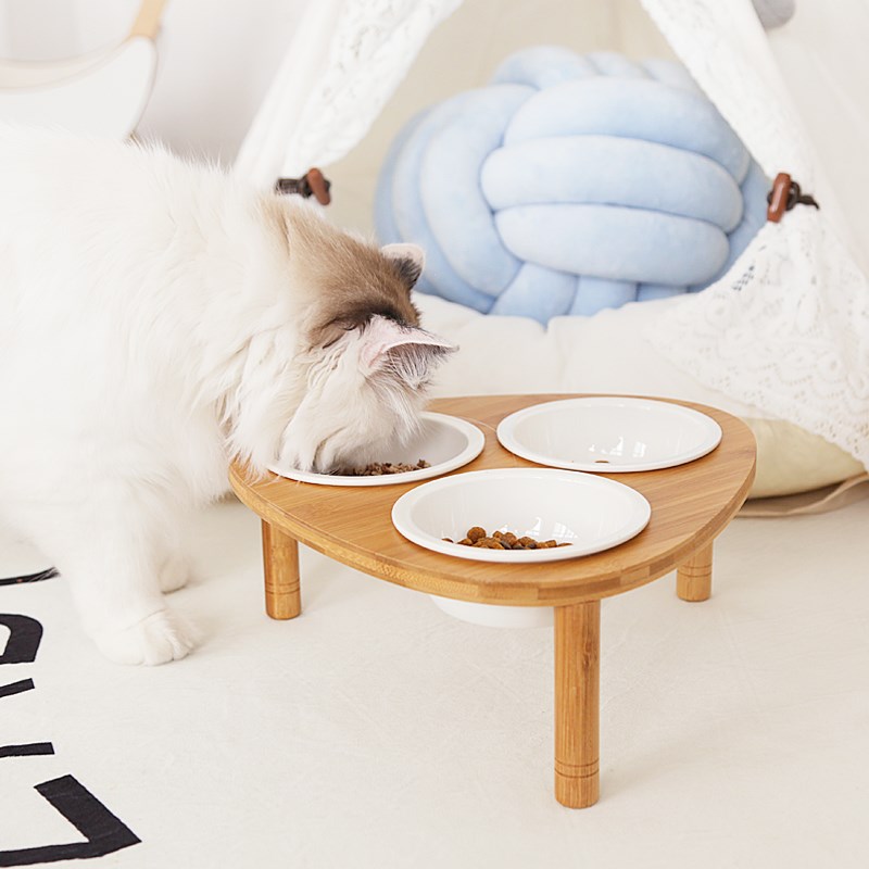 肥喵日记竹板三角立架陶瓷三碗餐桌饭桌宠物猫咪狗狗碗架多用饭碗