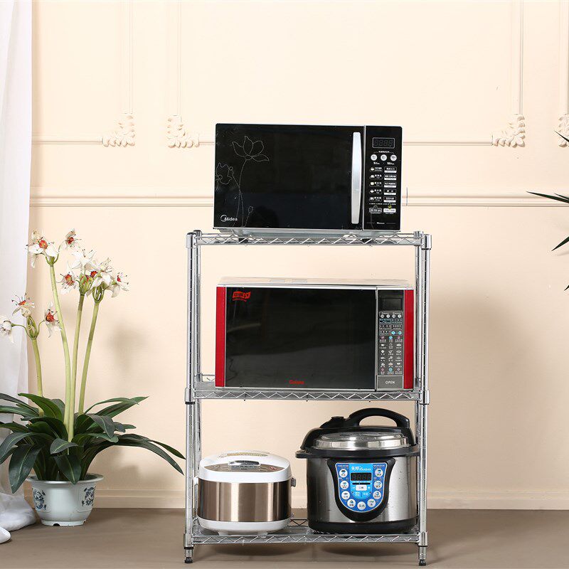 厨房层架落地不锈钢色三层烤箱架子金属储物锅架家用微波炉置物架