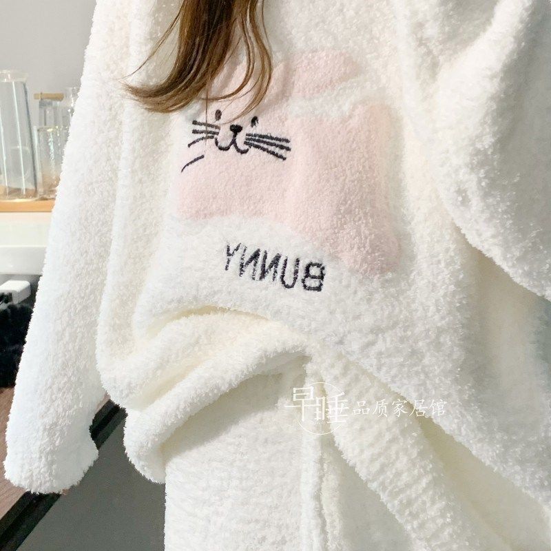 半边绒睡衣女秋冬甜美可爱小兔子软绵绵针织加绒毛线套头家居服