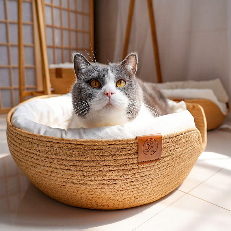 环绕抱枕式藤编猫窝吊篮猫床四季通用保暖绒手工编织冬季猫咪用品