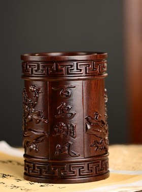 黑檀木雕白鸟朝凤笔筒工艺品办公室书桌家居客厅木质笔筒摆件送礼