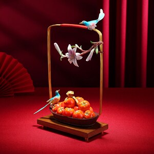 黄铜《百合喜事》花篮柿子喜鹊摆件家居新婚吉祥礼品玄关桌面送礼