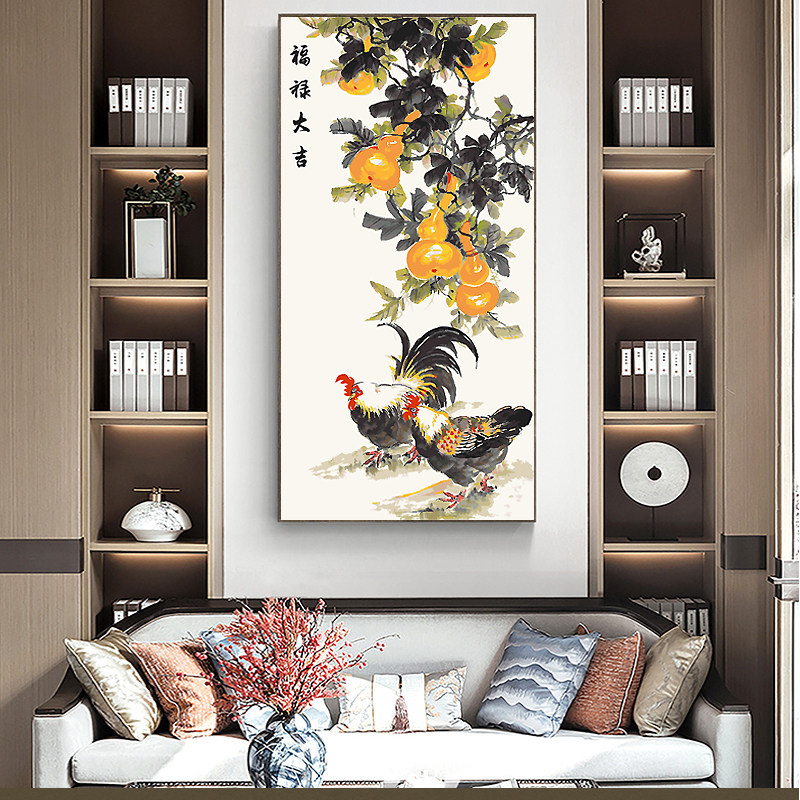 竖版大幅diy数字油画新中式客厅玄关过道吉祥装饰画 鸡 招财葫芦