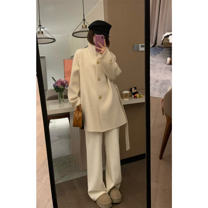 VASSE 松弛设计感 高克重加厚全羊毛双面呢白色立领斗篷毛呢大衣