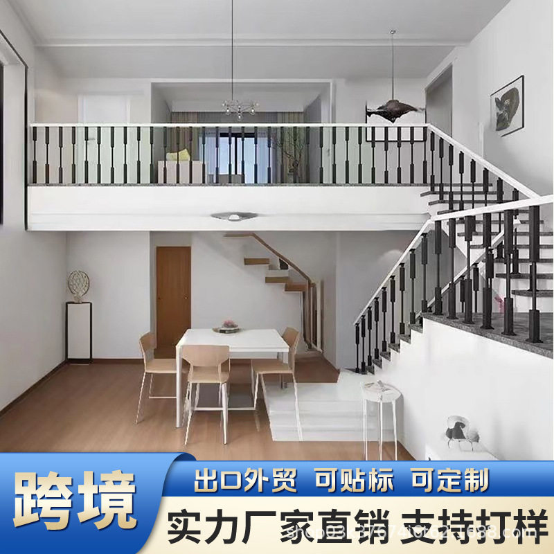 跨境楼梯扶手护栏简约现代平台室内阁楼酒吧铁艺栏杆复古实木围栏图片