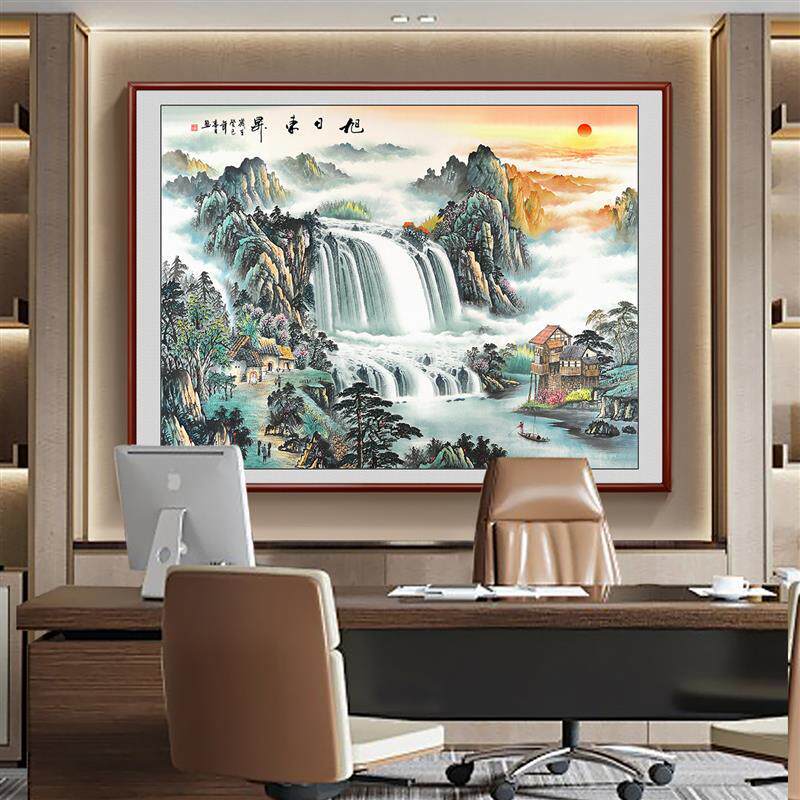 国画春山富水图办公室挂画宝地福居山水画靠山图背景墙定制装饰画
